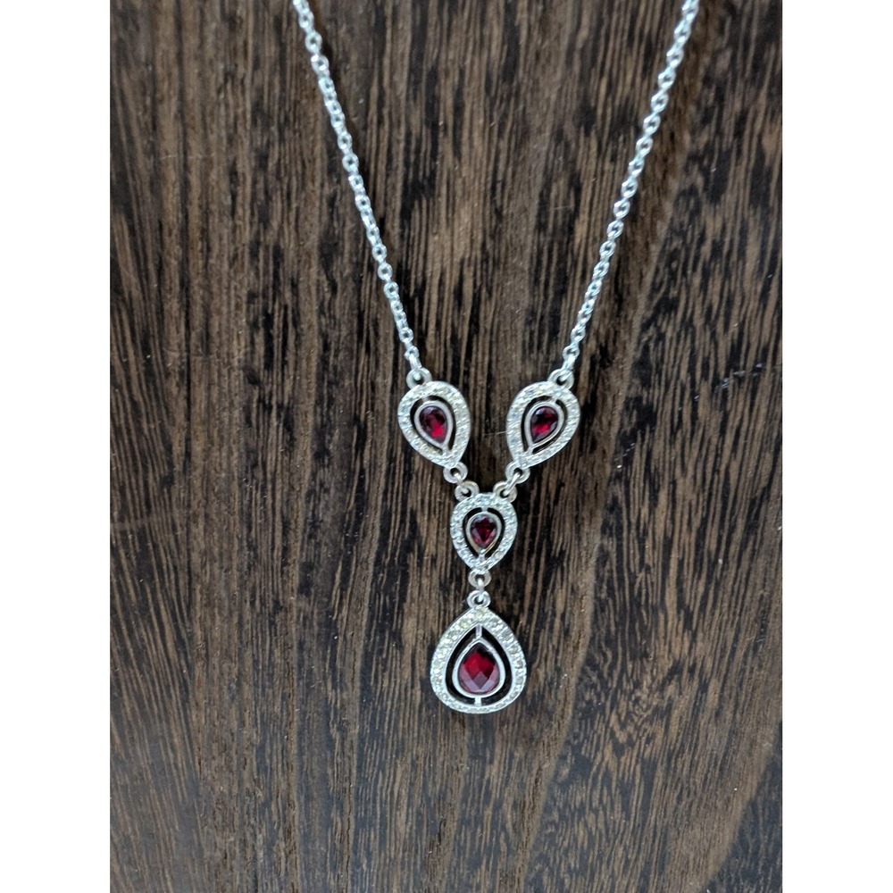 SHA Silver Tone Red Teardrop Crystal Y-Necklace Tiered Drop Pendant 18 Inch